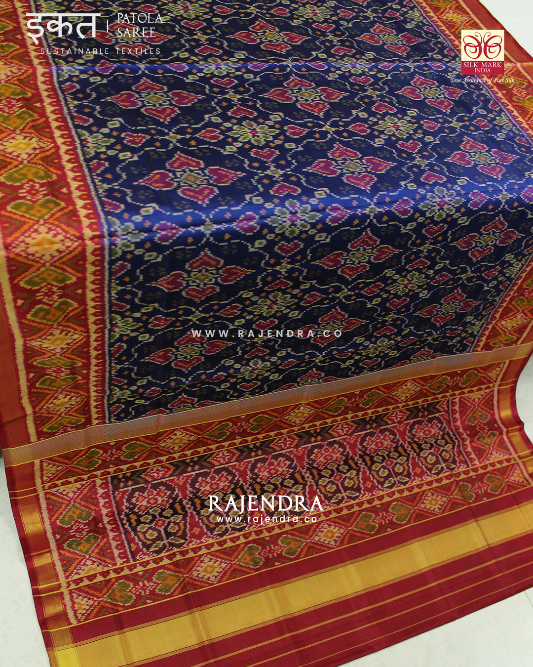 Traditional Chabadi Design Red Blue Single Ikat Rajkot Patola Saree