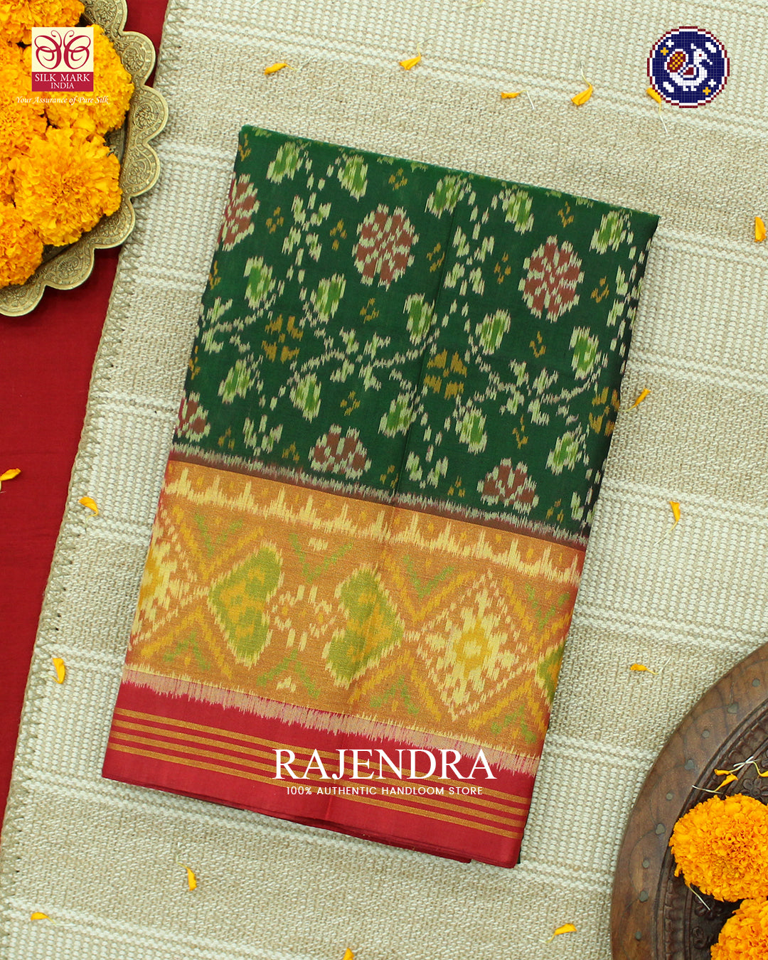 Traditional Chabadi Design Red and Green Rajkot Patola Saree
