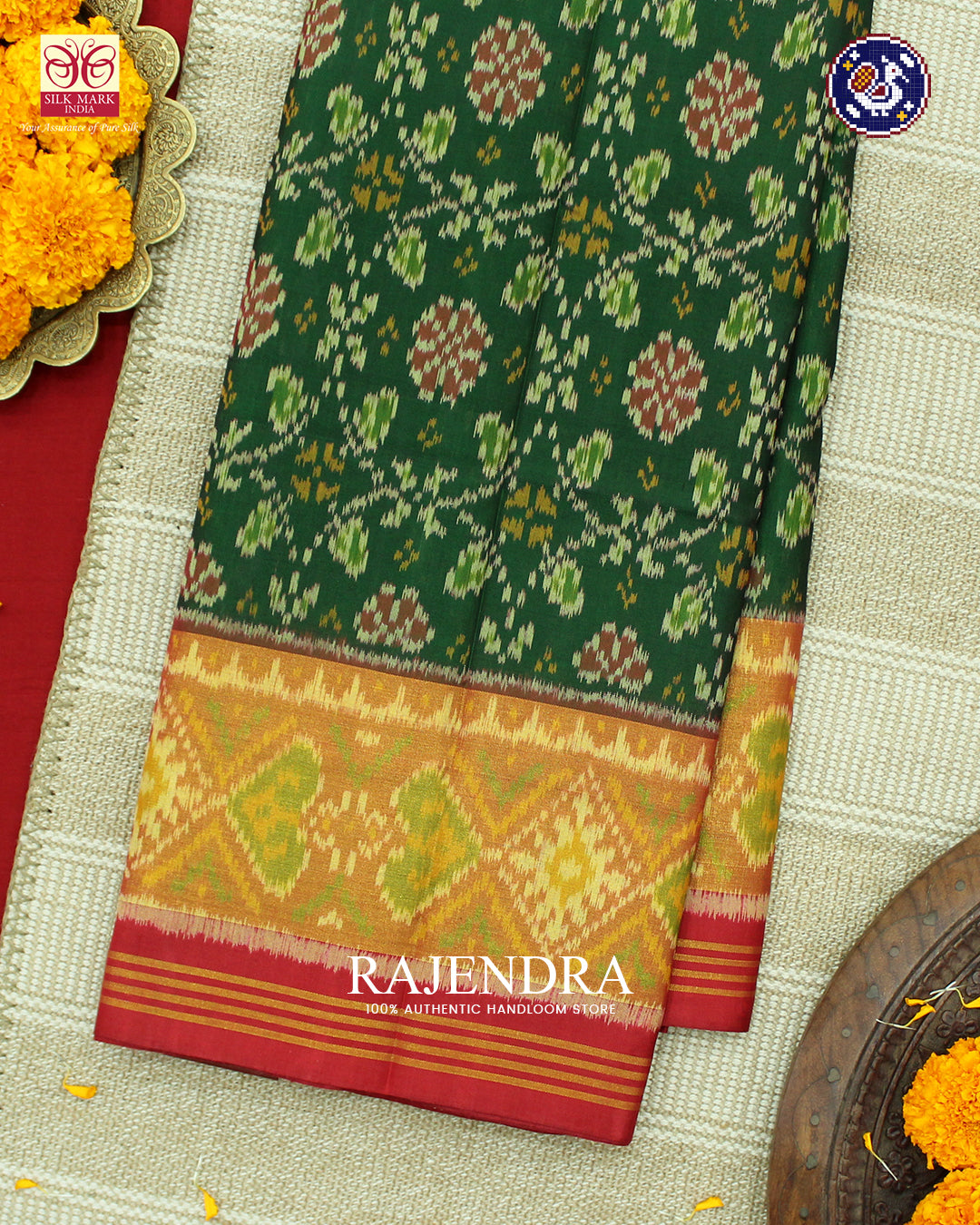 Traditional Chabadi Design Red and Green Rajkot Patola Saree