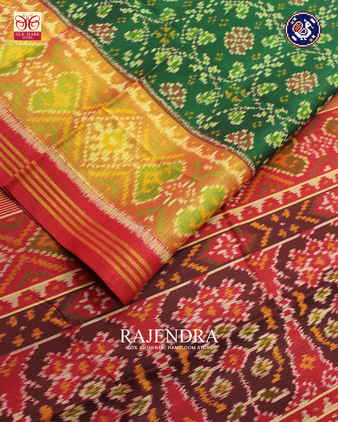 Traditional Chabadi Design Red and Green Rajkot Patola Saree