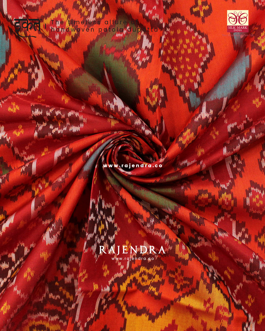 Traditional 4 Figure Red Orange Ikat Rajkot Patola Dupatta