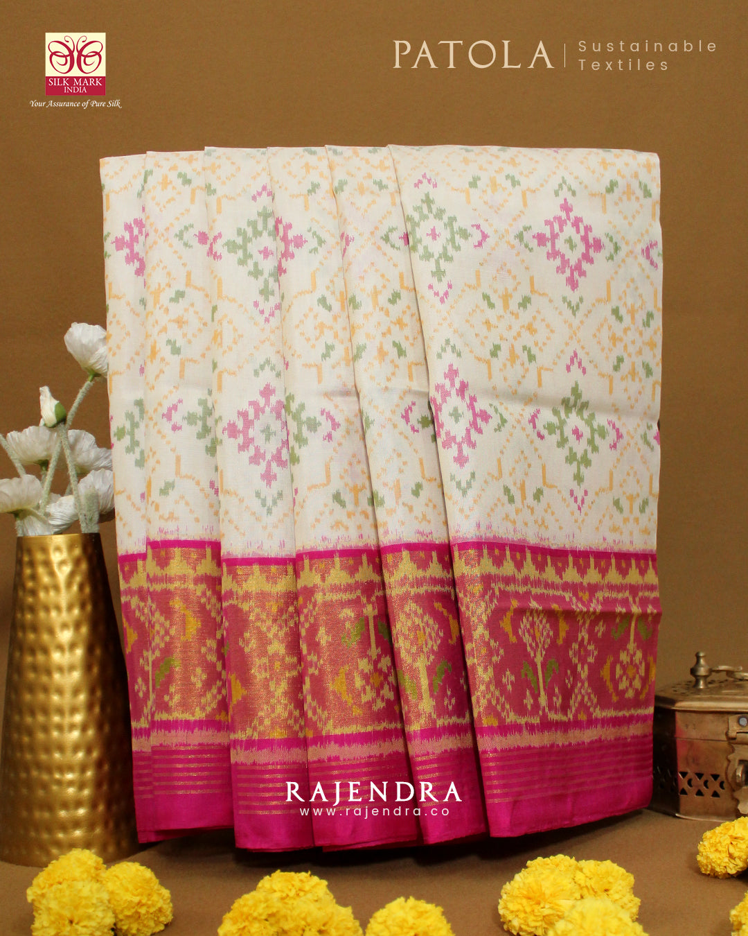Traditional Chandabhat Pink and Off-White Single Ikat Rajkot Patola Saree