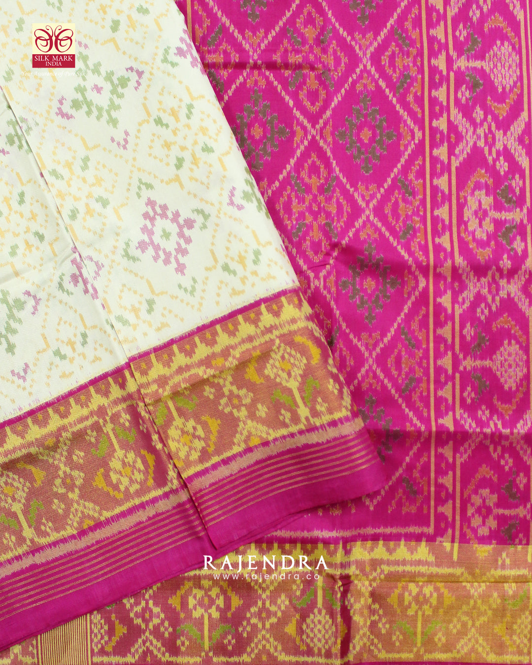 Traditional Chandabhat Pink and Off-White Single Ikat Rajkot Patola Saree