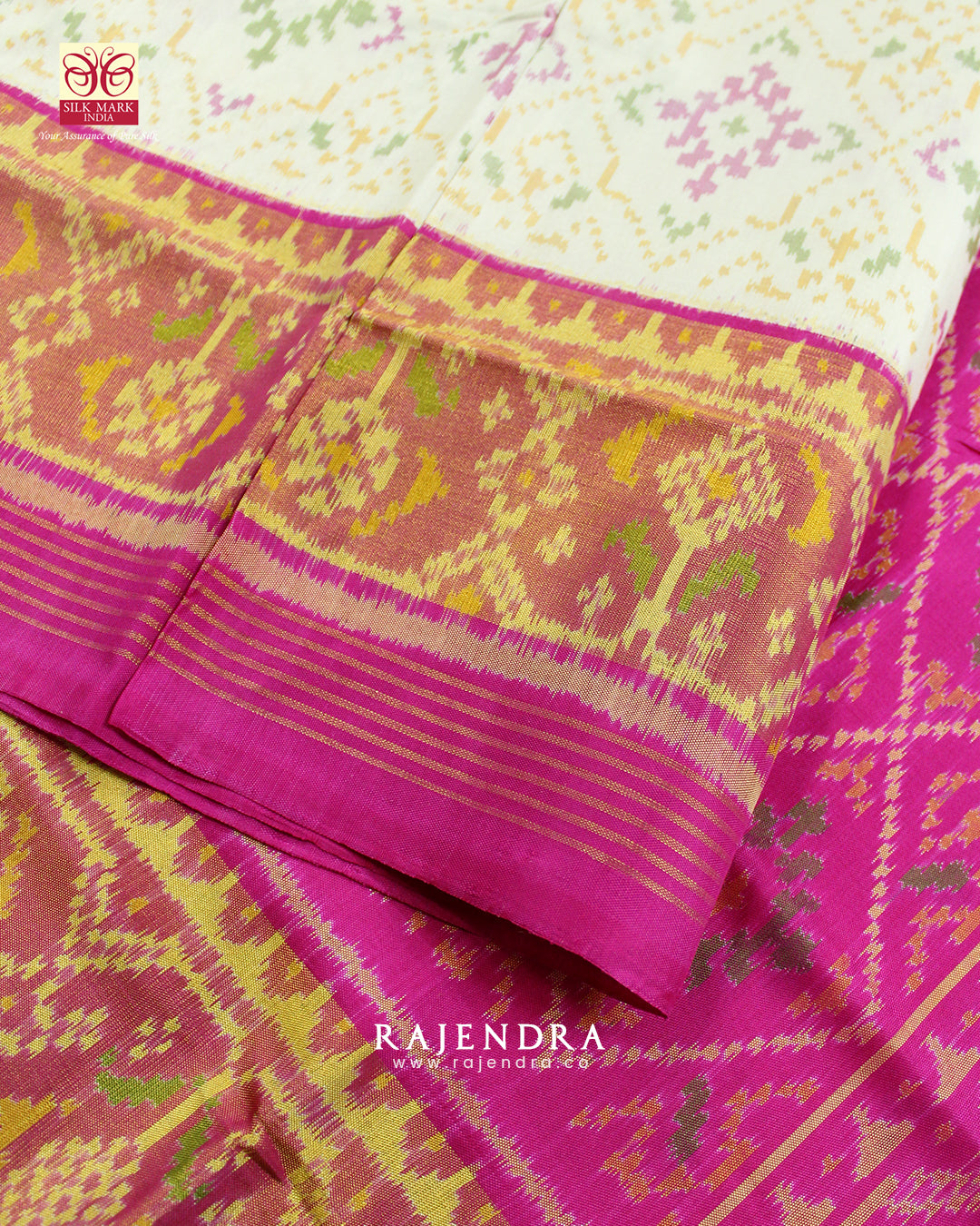 Traditional Chandabhat Pink and Off-White Single Ikat Rajkot Patola Saree