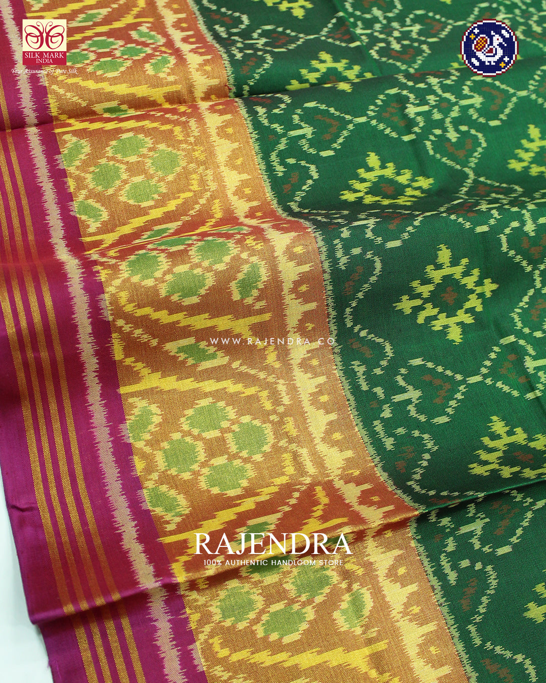 Traditional Chanda Design Pink and Green Rajkot Patola Saree