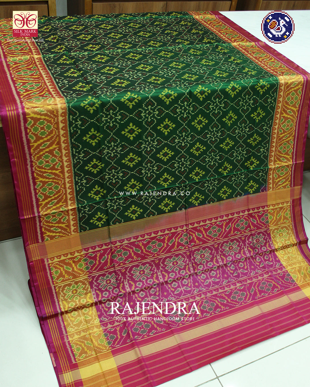 Traditional Chanda Design Pink and Green Rajkot Patola Saree