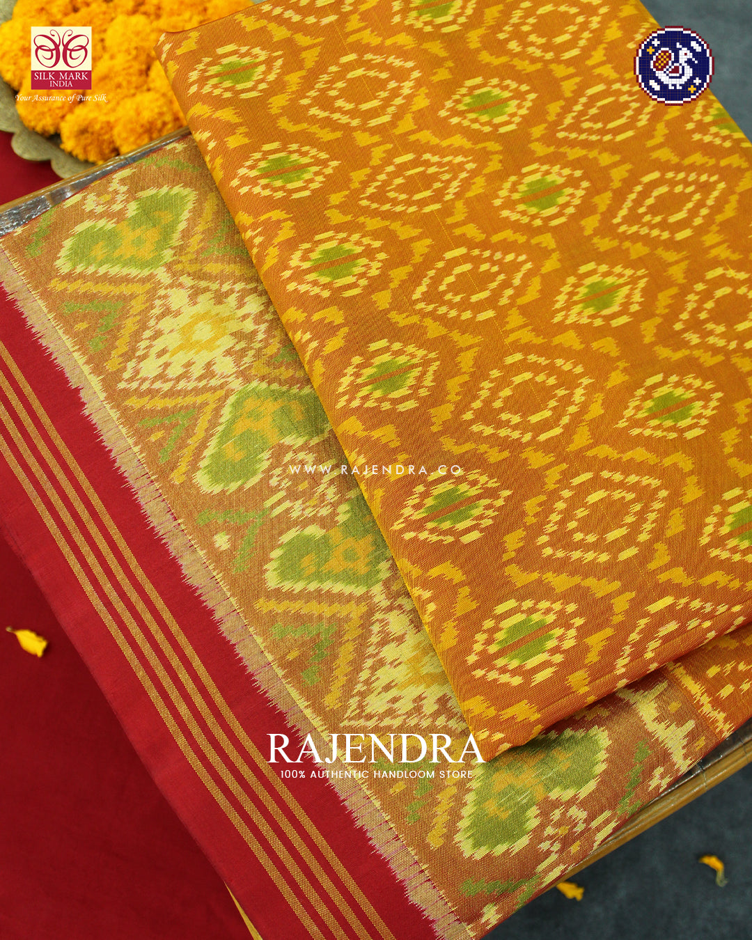 Traditional Chanda Design Red and Mustard Rajkot Patola Saree