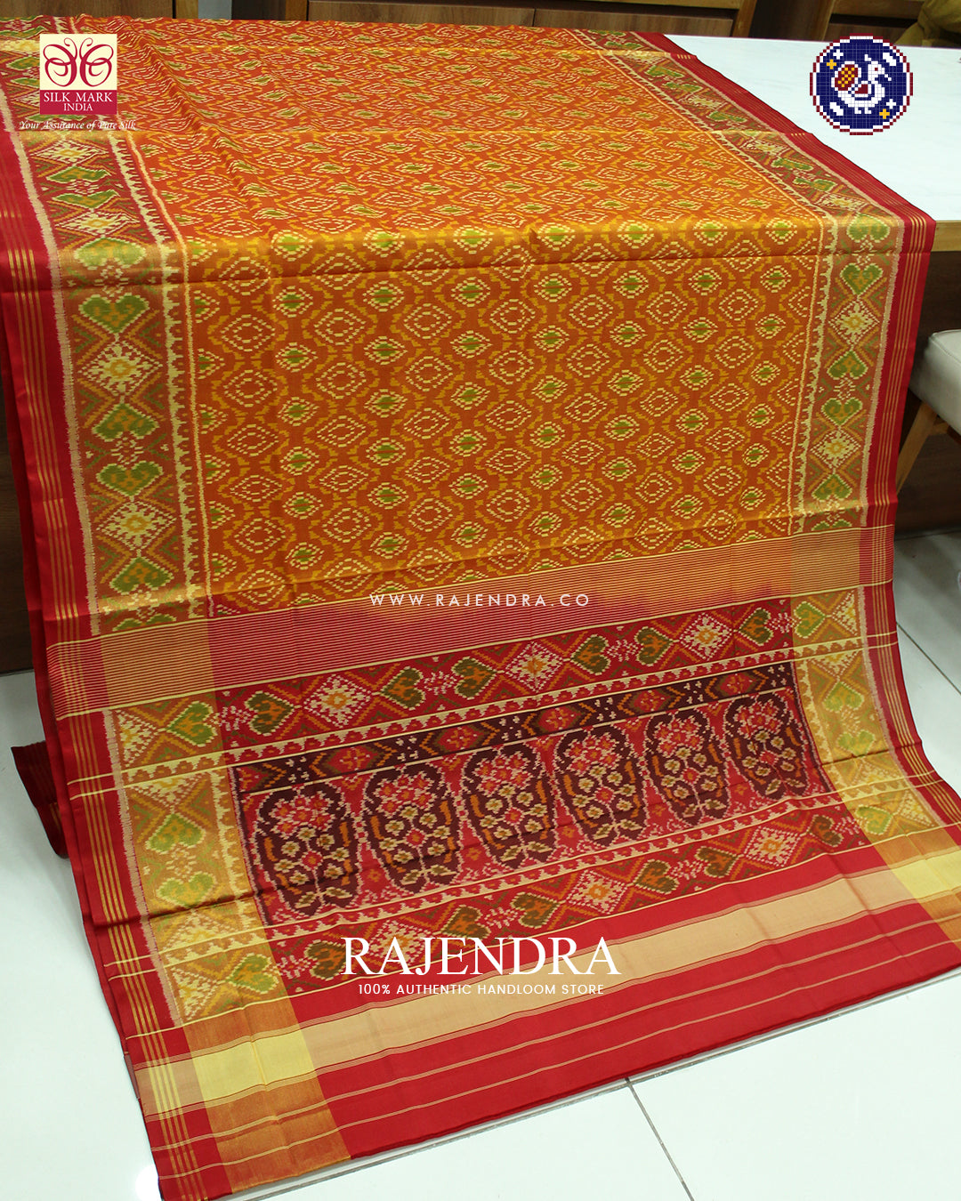 Traditional Chanda Design Red and Mustard Rajkot Patola Saree