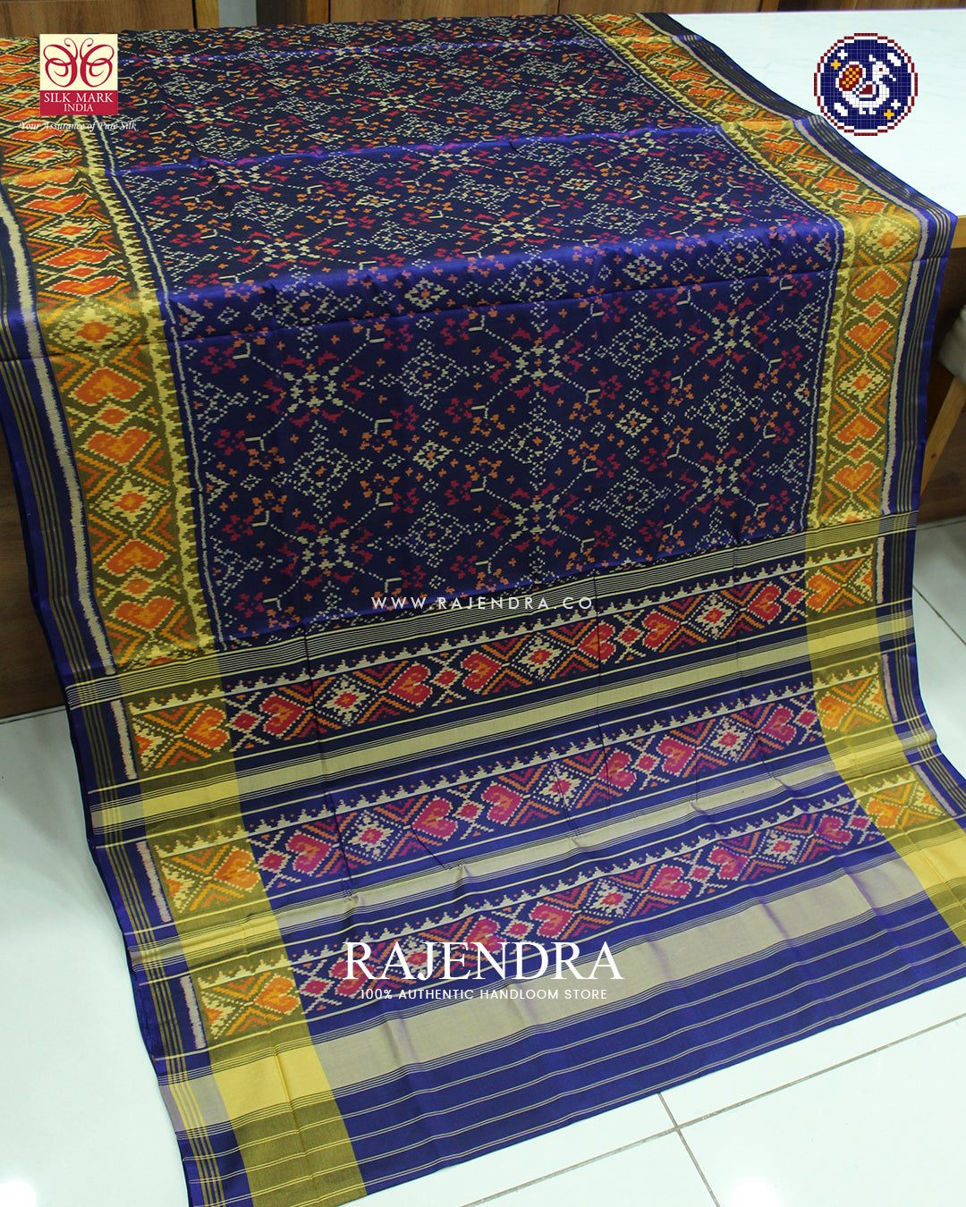 Traditional Navratna Design Dark Navy Blue Rajkot Patola Saree
