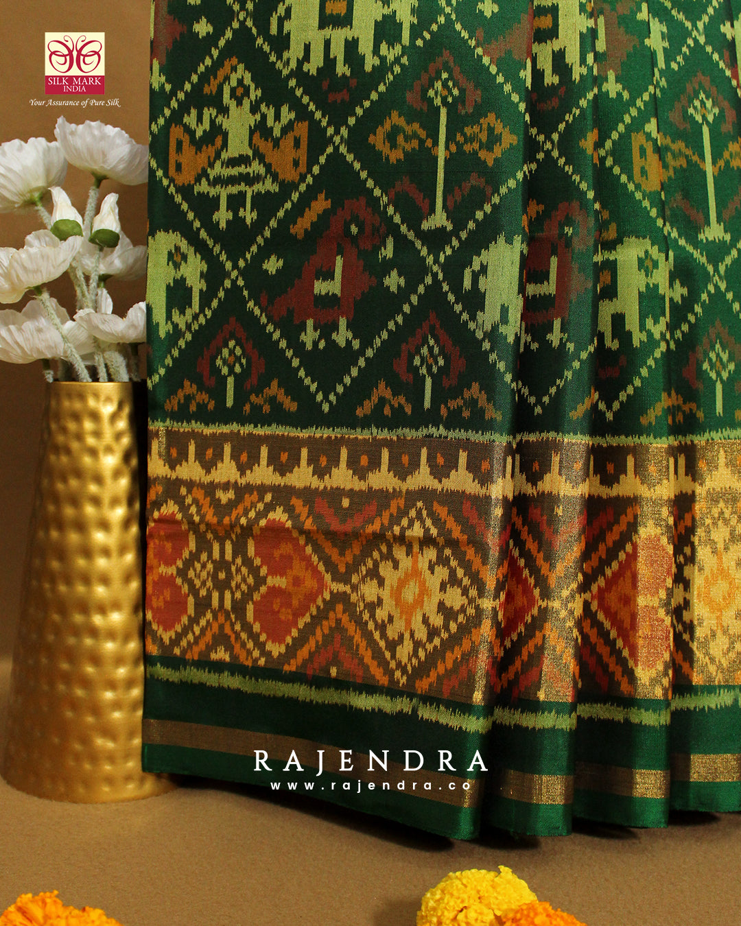 Handwoven Hathi Popat Design Green Single Ikkat Rajkot Patola Saree