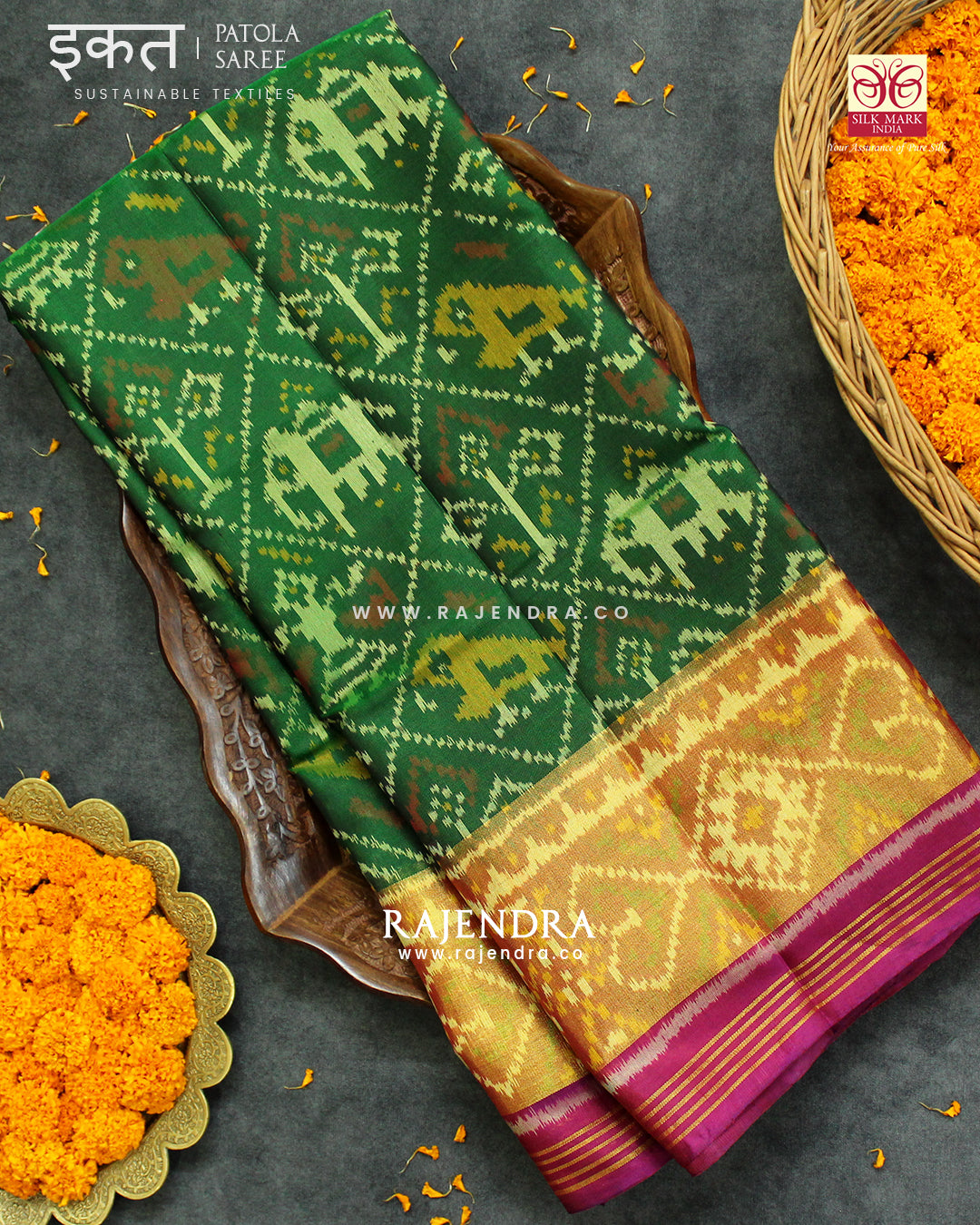 Traditional Hathi Popat Dark Pink and Green Single Ikat Rajkot Patola Saree