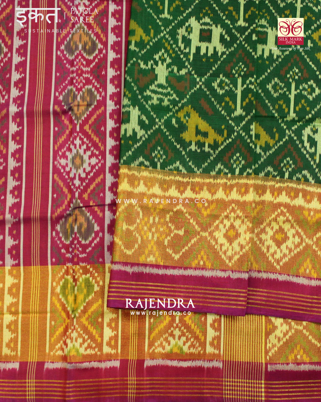 Traditional Hathi Popat Dark Pink and Green Single Ikat Rajkot Patola Saree
