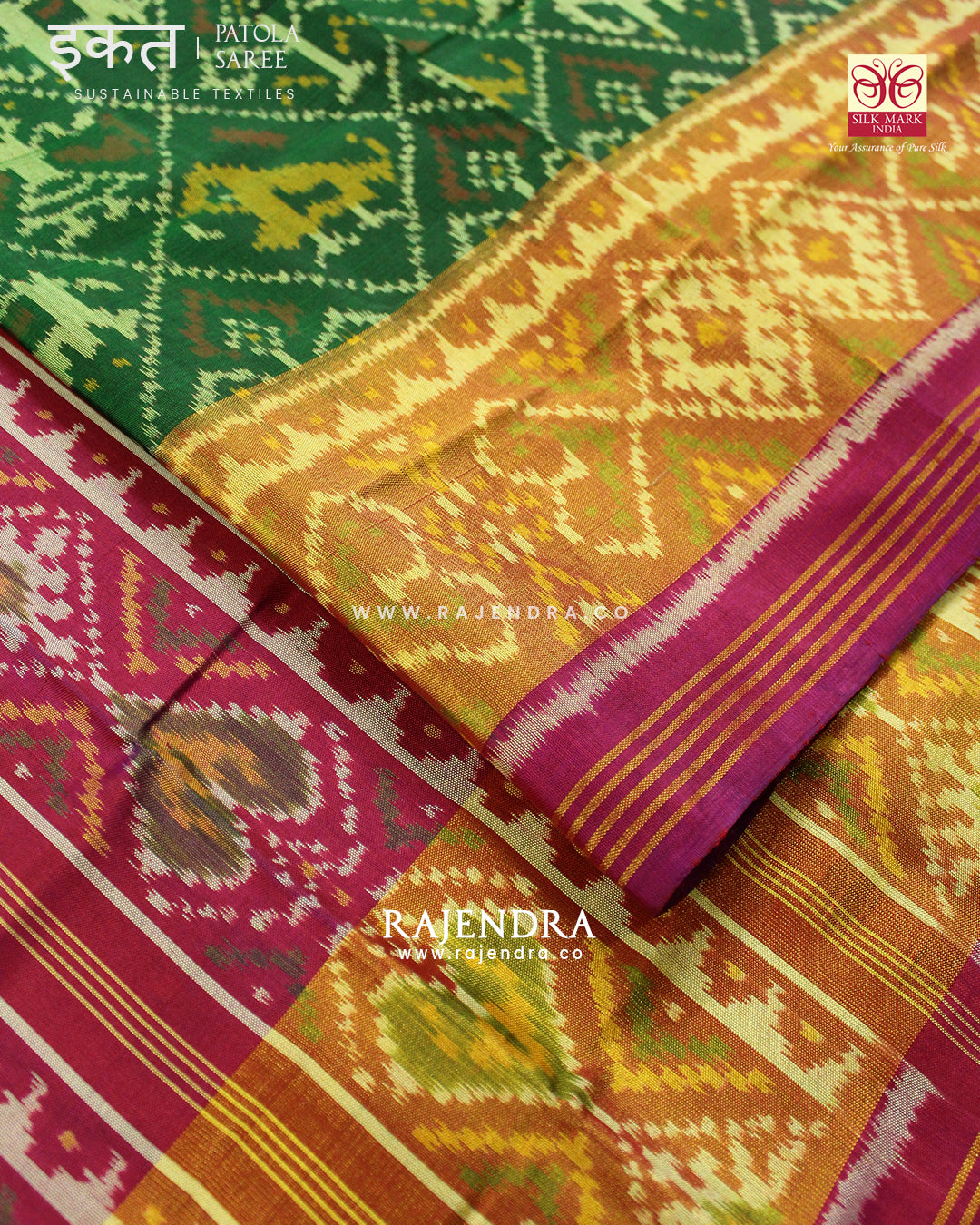 Traditional Hathi Popat Dark Pink and Green Single Ikat Rajkot Patola Saree