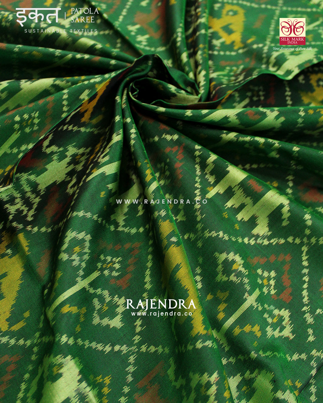 Traditional Hathi Popat Dark Pink and Green Single Ikat Rajkot Patola Saree