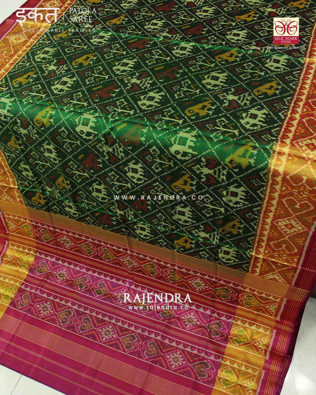 Traditional Hathi Popat Dark Pink and Green Single Ikat Rajkot Patola Saree