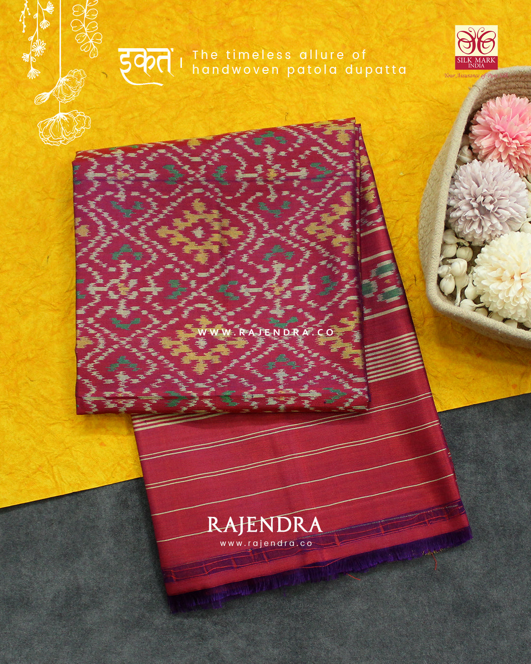 Traditional Panchanda Design Magenta Single Ikat Rajkot Patola Dupatta
