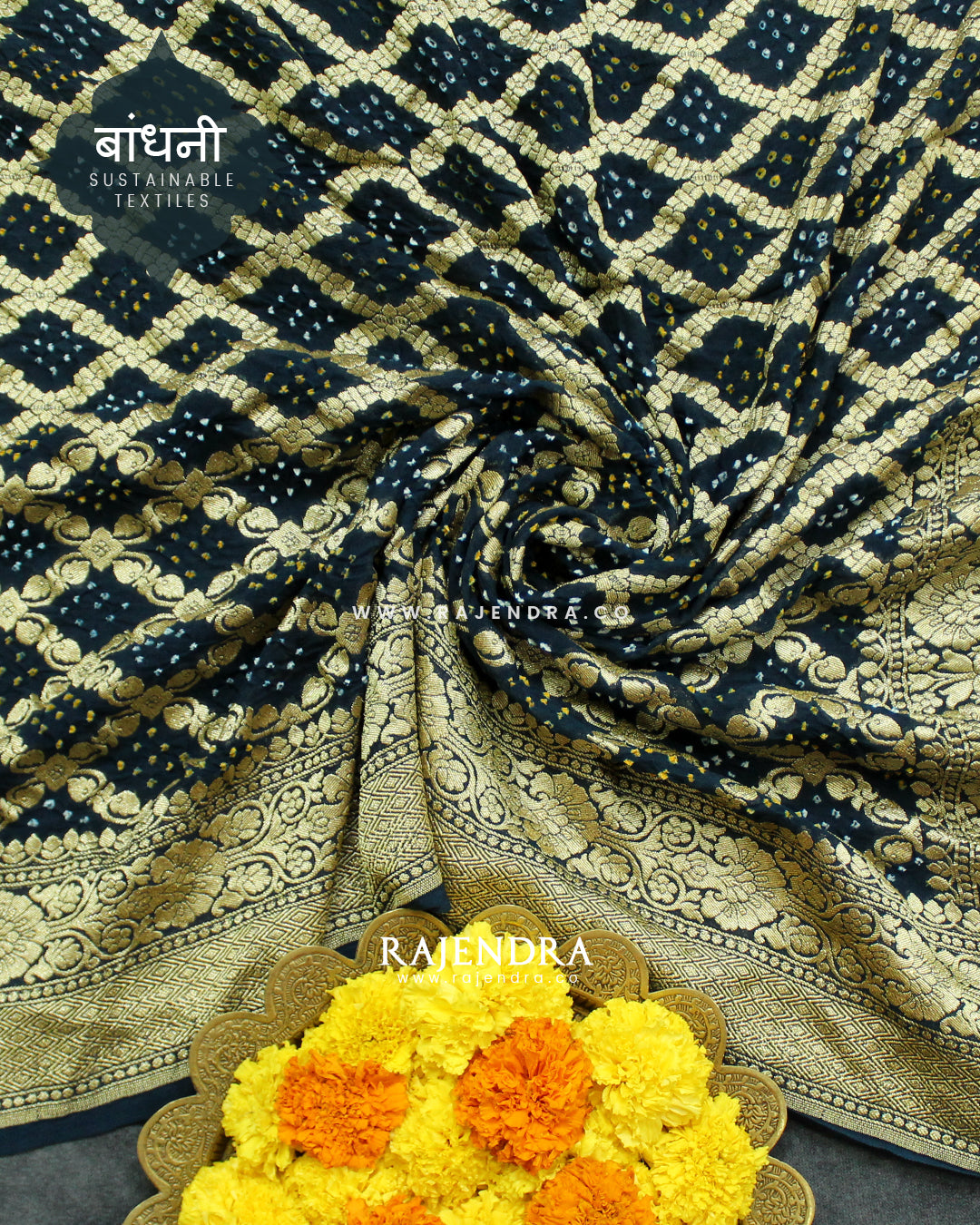 Traditional Khadi Georgette Dark Rama Blue Banarasi Bandhani Saree