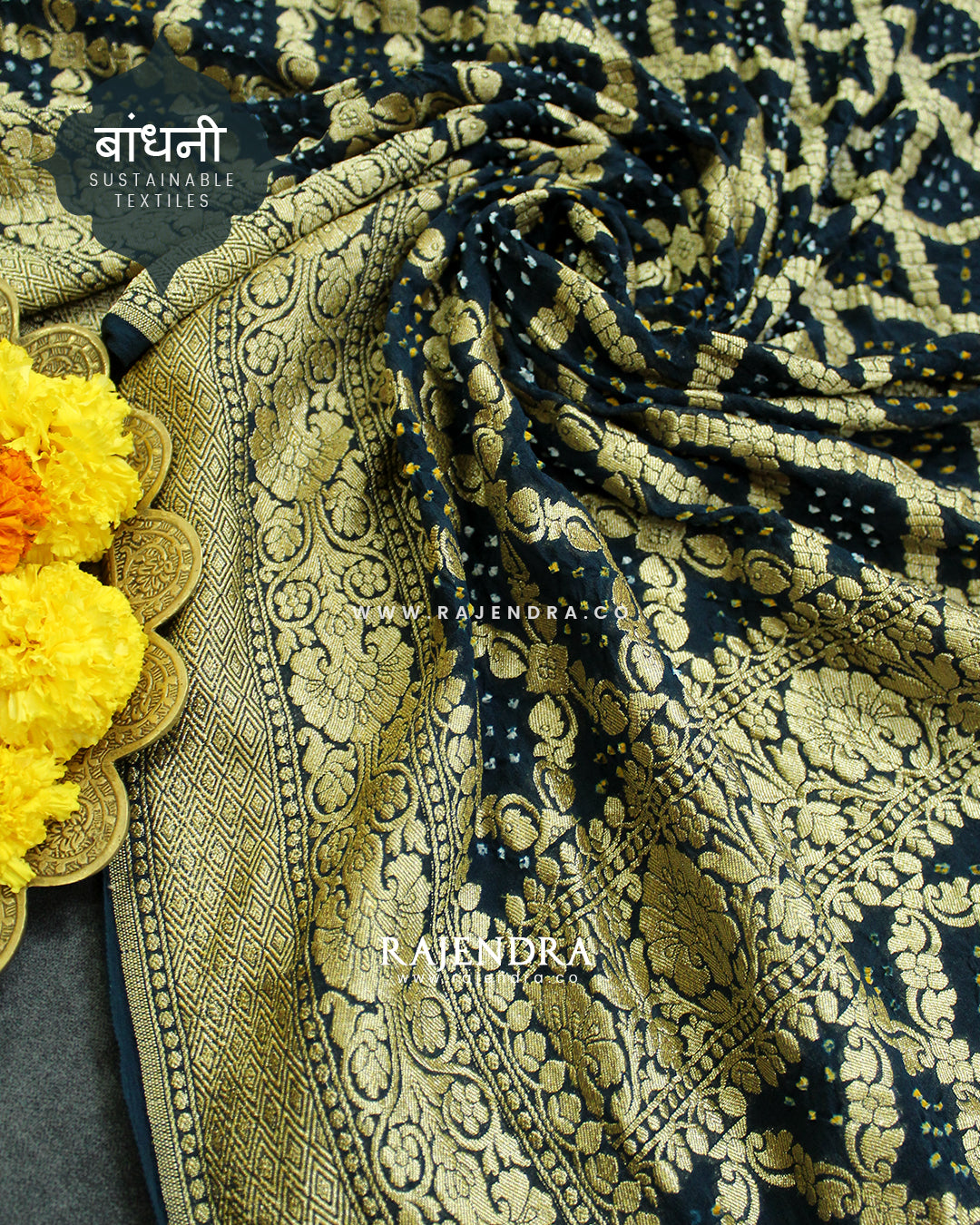 Traditional Khadi Georgette Dark Rama Blue Banarasi Bandhani Saree