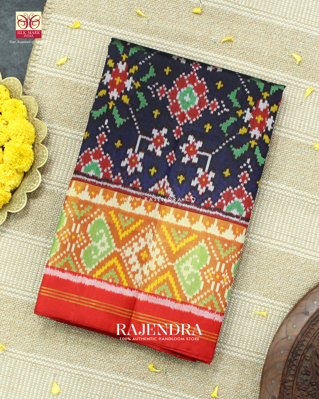Traditional Navratna Design Red and Blue Single Ikat Rajkot Patola Saree