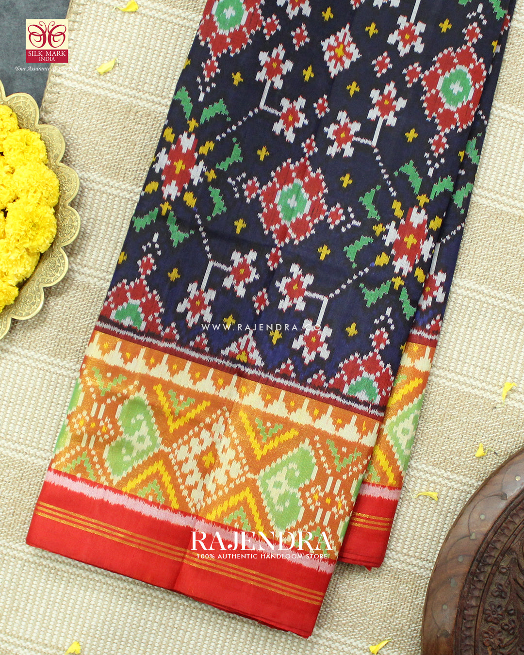 Traditional Navratna Design Red and Blue Single Ikat Rajkot Patola Saree