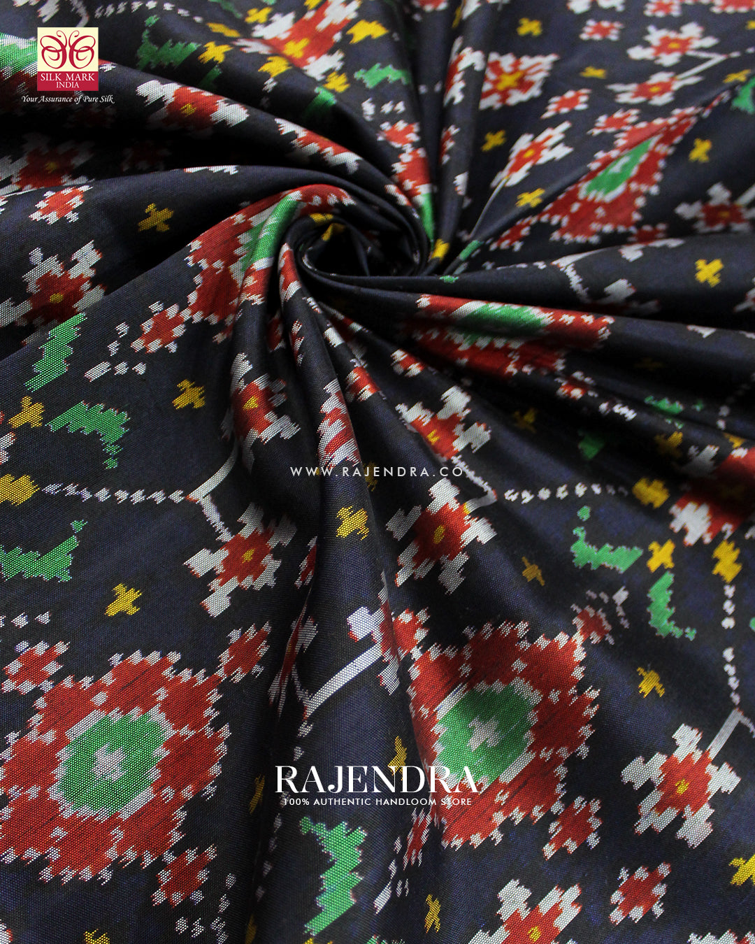 Traditional Navratna Design Red and Blue Single Ikat Rajkot Patola Saree