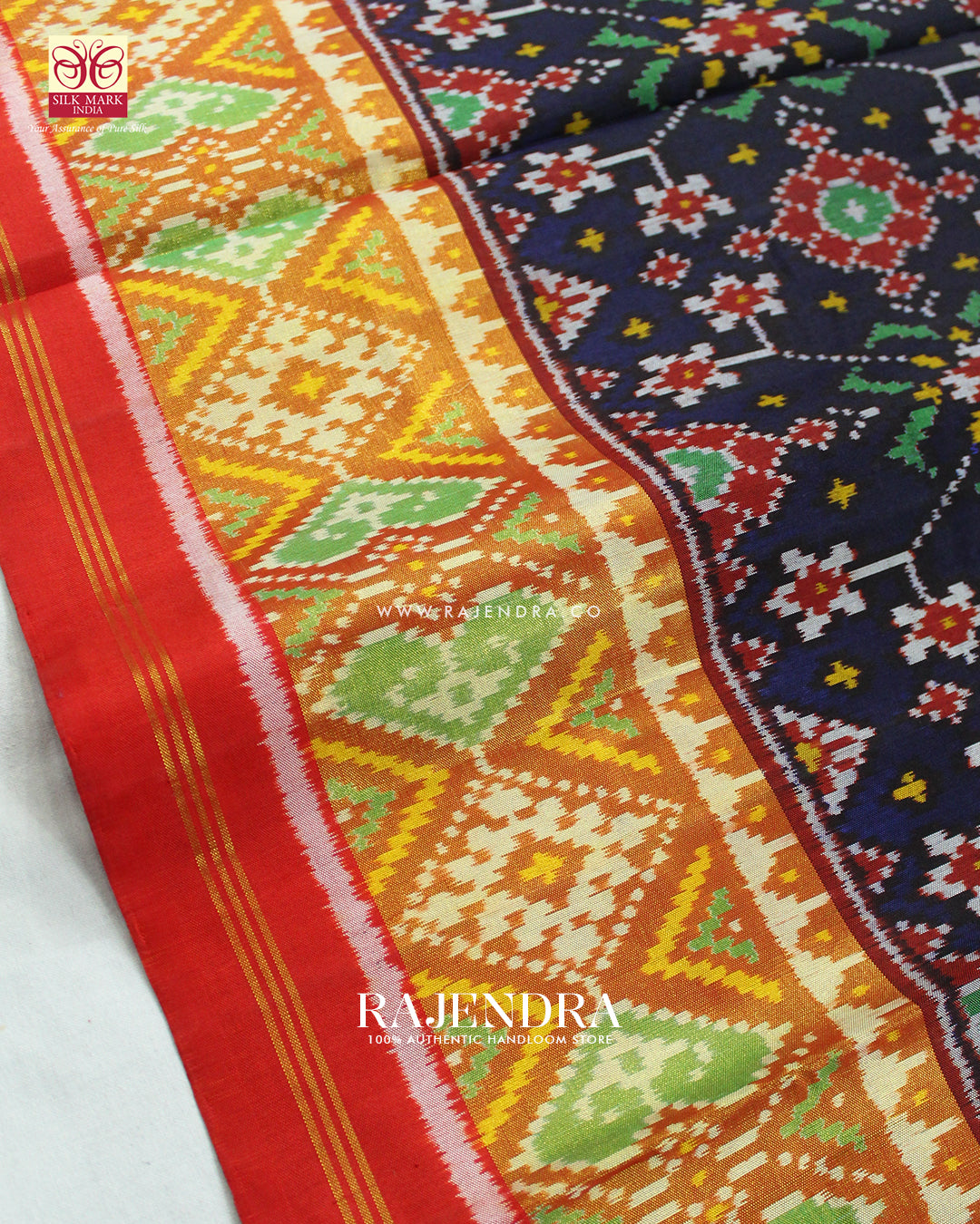 Traditional Navratna Design Red and Blue Single Ikat Rajkot Patola Saree