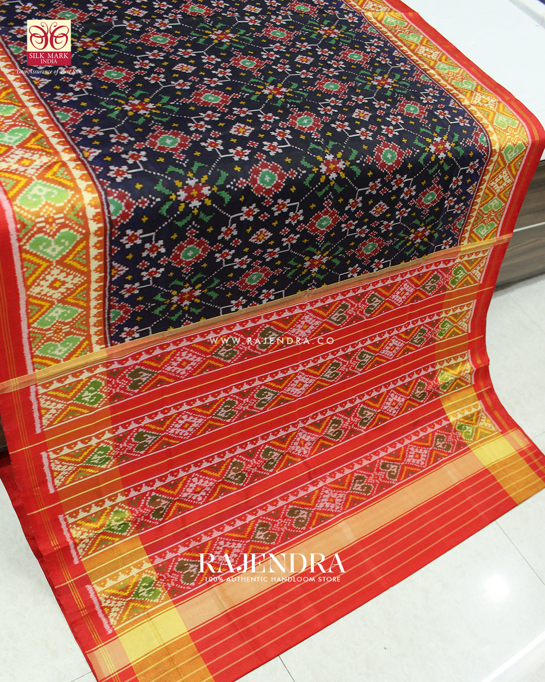 Traditional Navratna Design Red and Blue Single Ikat Rajkot Patola Saree