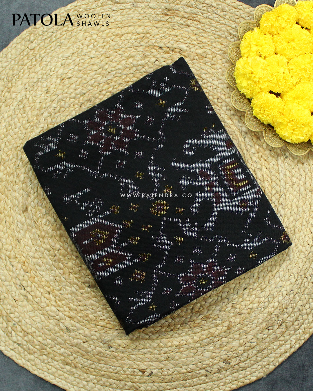 Handwoven Elephant Motif Black Woolen Patola Shawls