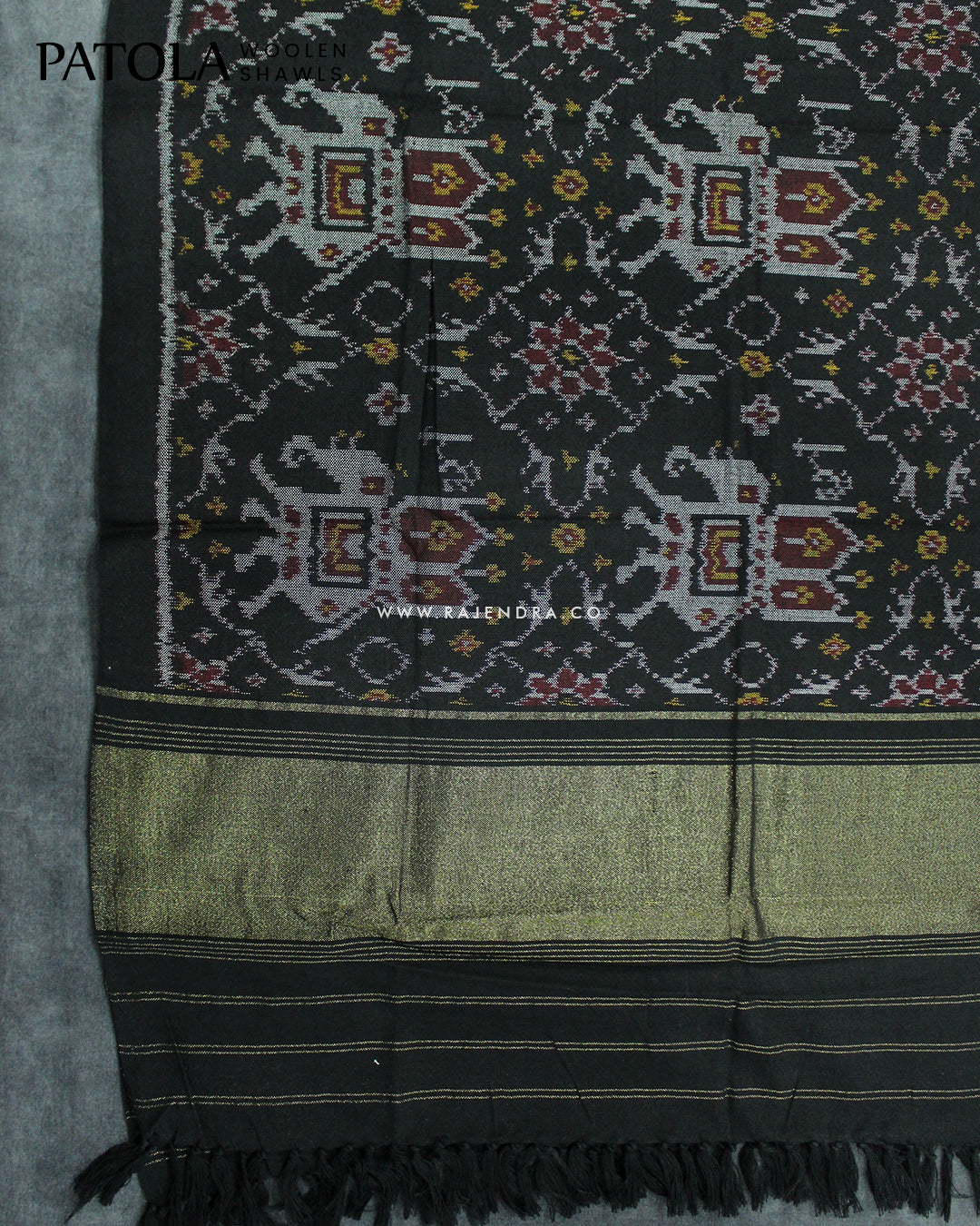 Handwoven Elephant Motif Black Woolen Patola Shawls
