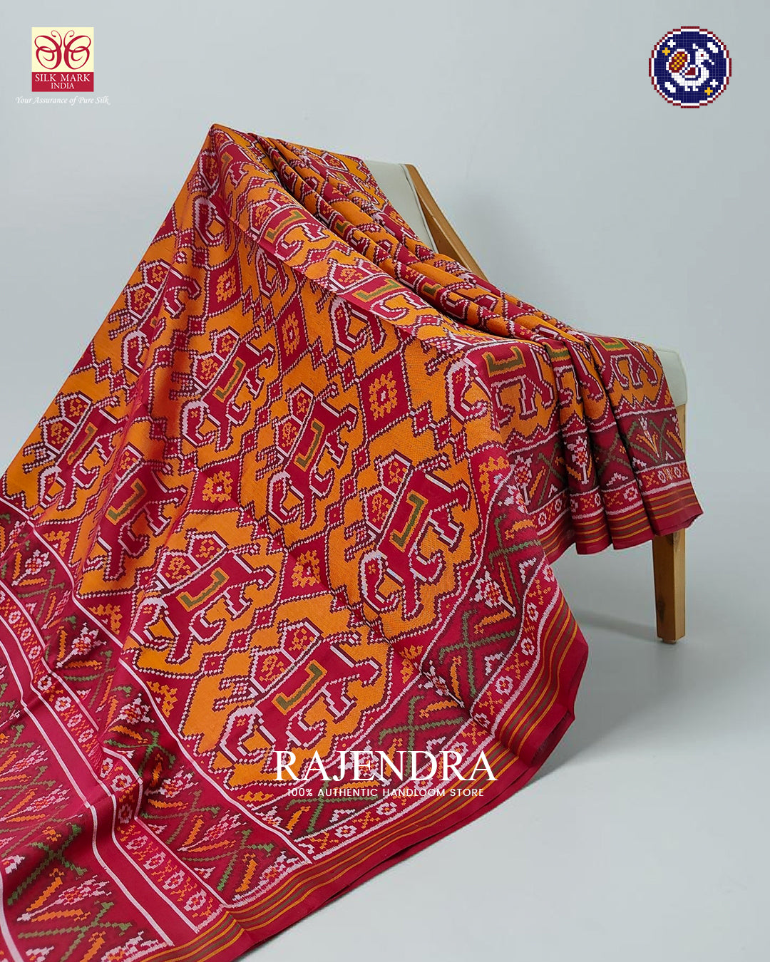 Exclusive Elephant Motif Orange Semi Double Weave Rajkot Patola Saree