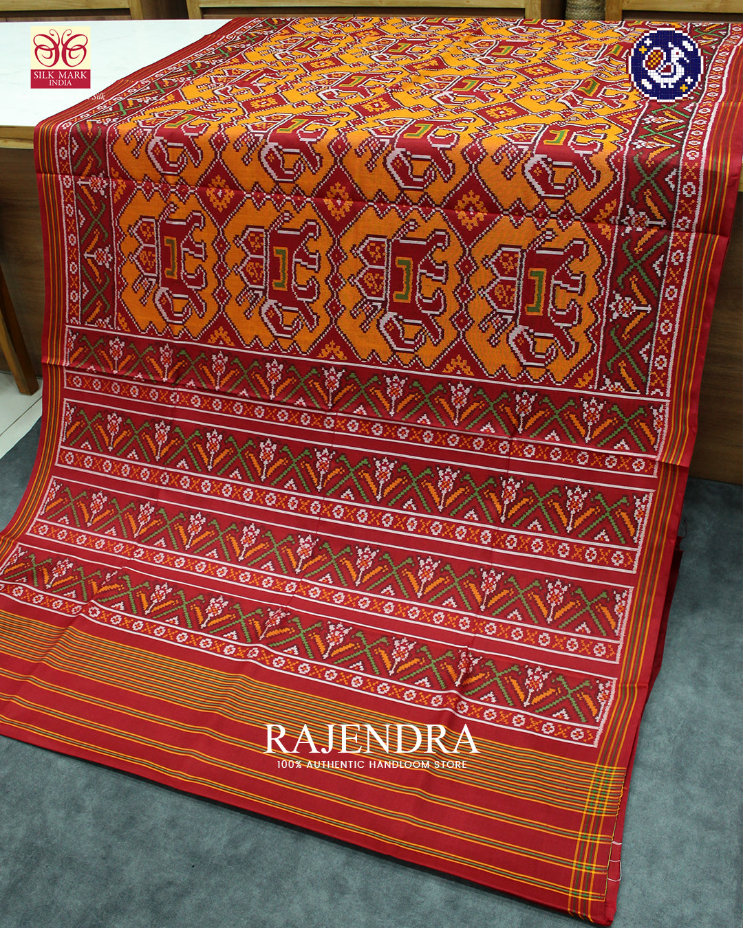 Exclusive Elephant Motif Orange Semi Double Weave Rajkot Patola Saree
