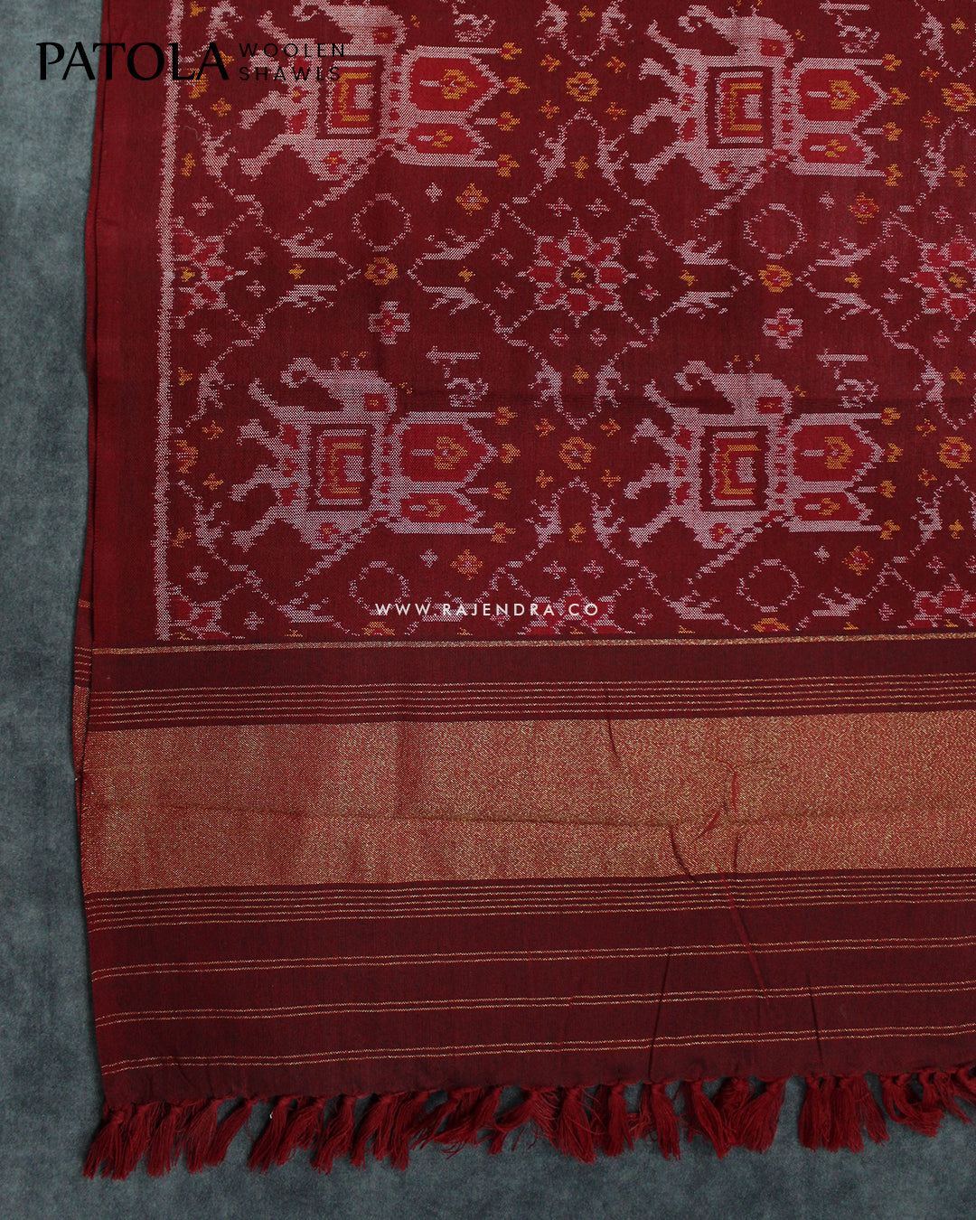 Handwoven Elephant Motif Maroon Woolen Patola Shawls