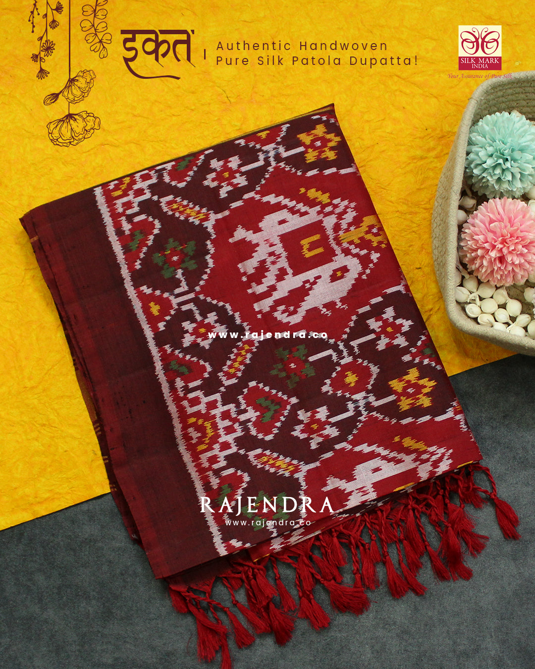 Exclusive chabadi hathi Design Maroon Semi Double Ikat Rajkot Patola Dupatta