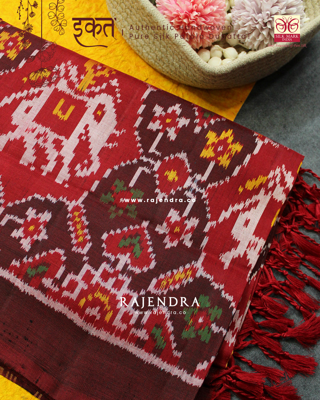Exclusive chabadi hathi Design Maroon Semi Double Ikat Rajkot Patola Dupatta