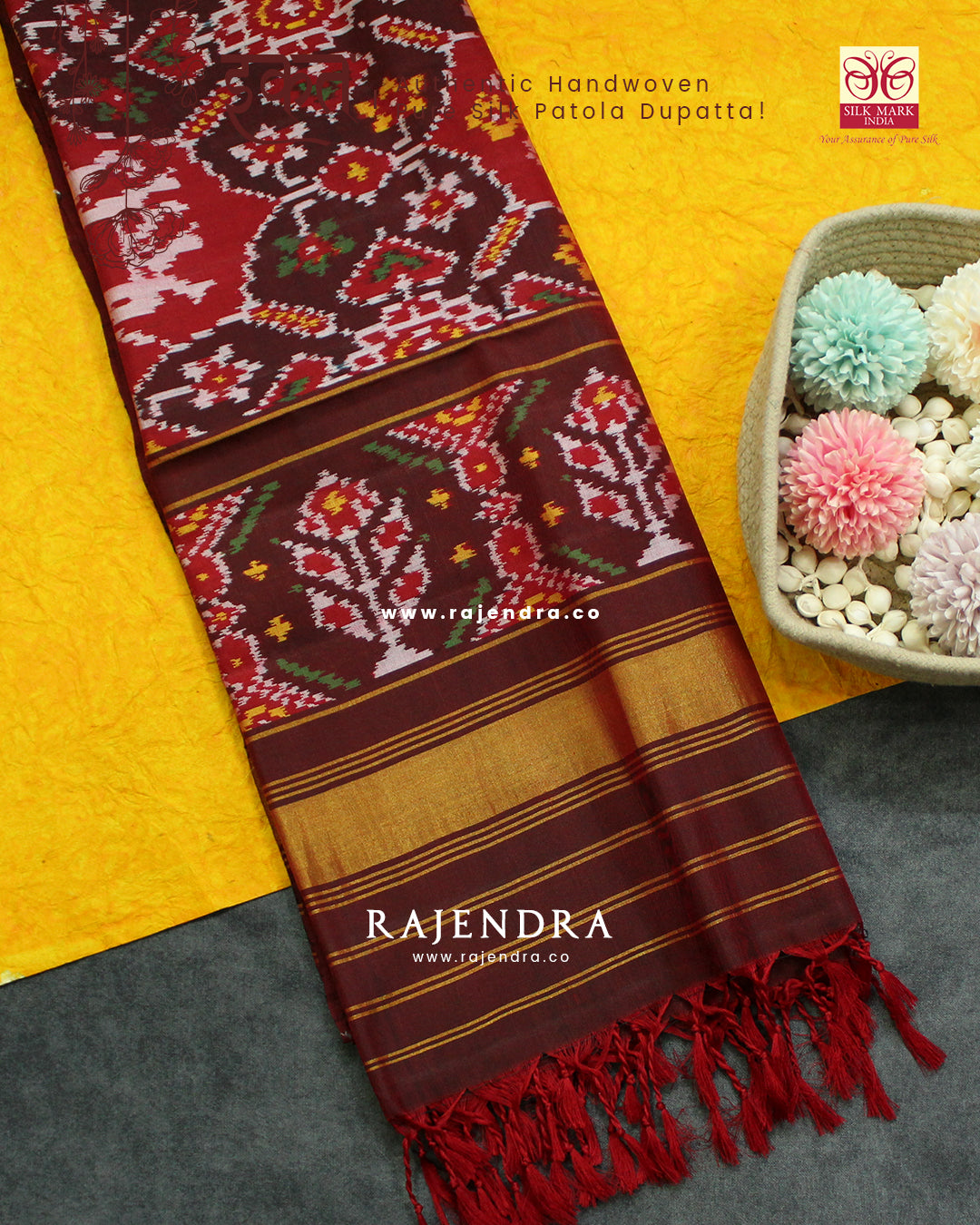 Exclusive chabadi hathi Design Maroon Semi Double Ikat Rajkot Patola Dupatta