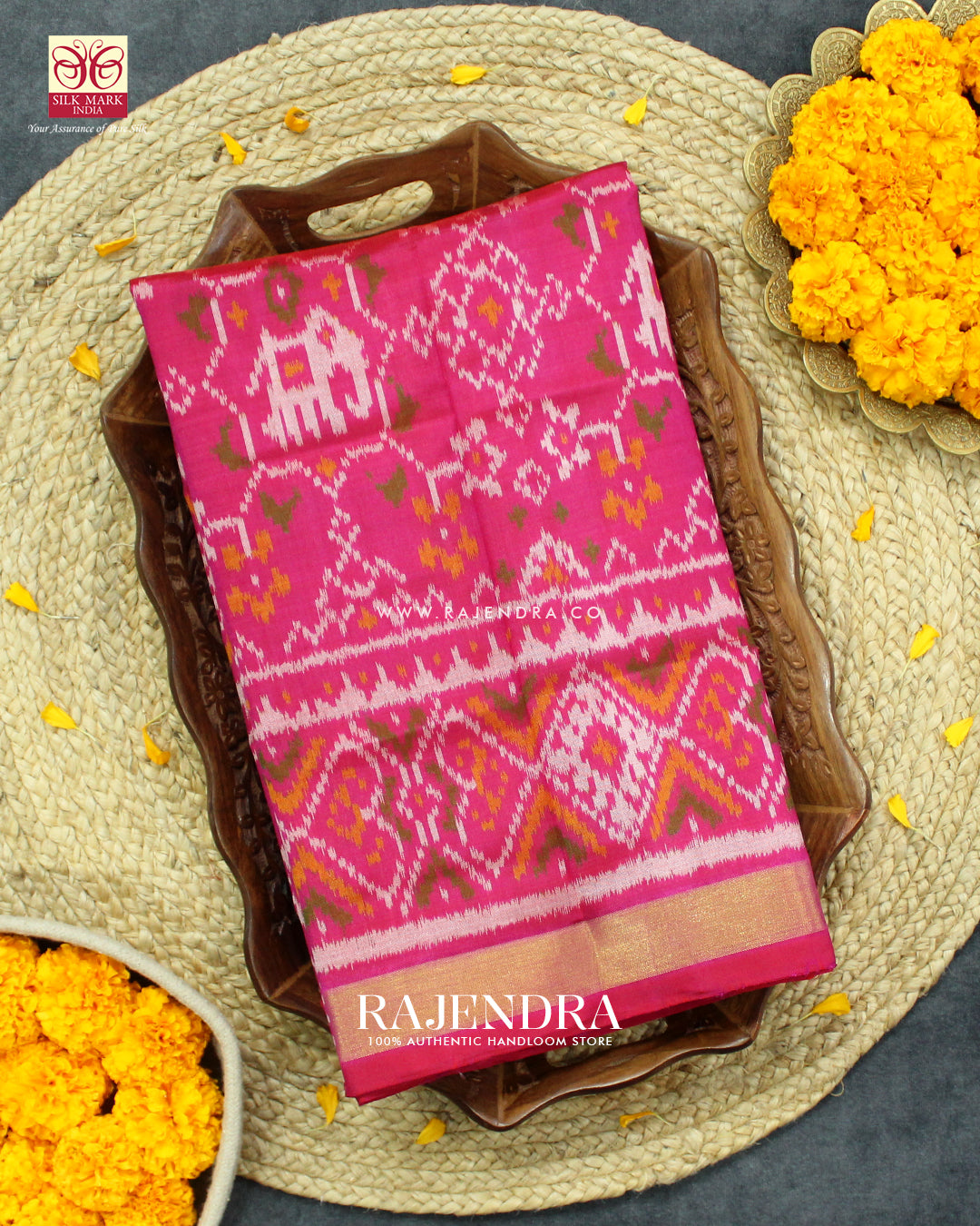 Traditional Elephant Motif Peach Pink Single Ikat Rajkot Patola Saree