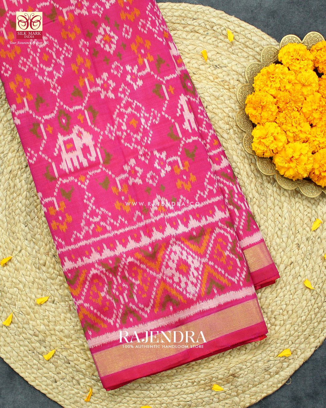 Traditional Elephant Motif Peach Pink Single Ikat Rajkot Patola Saree