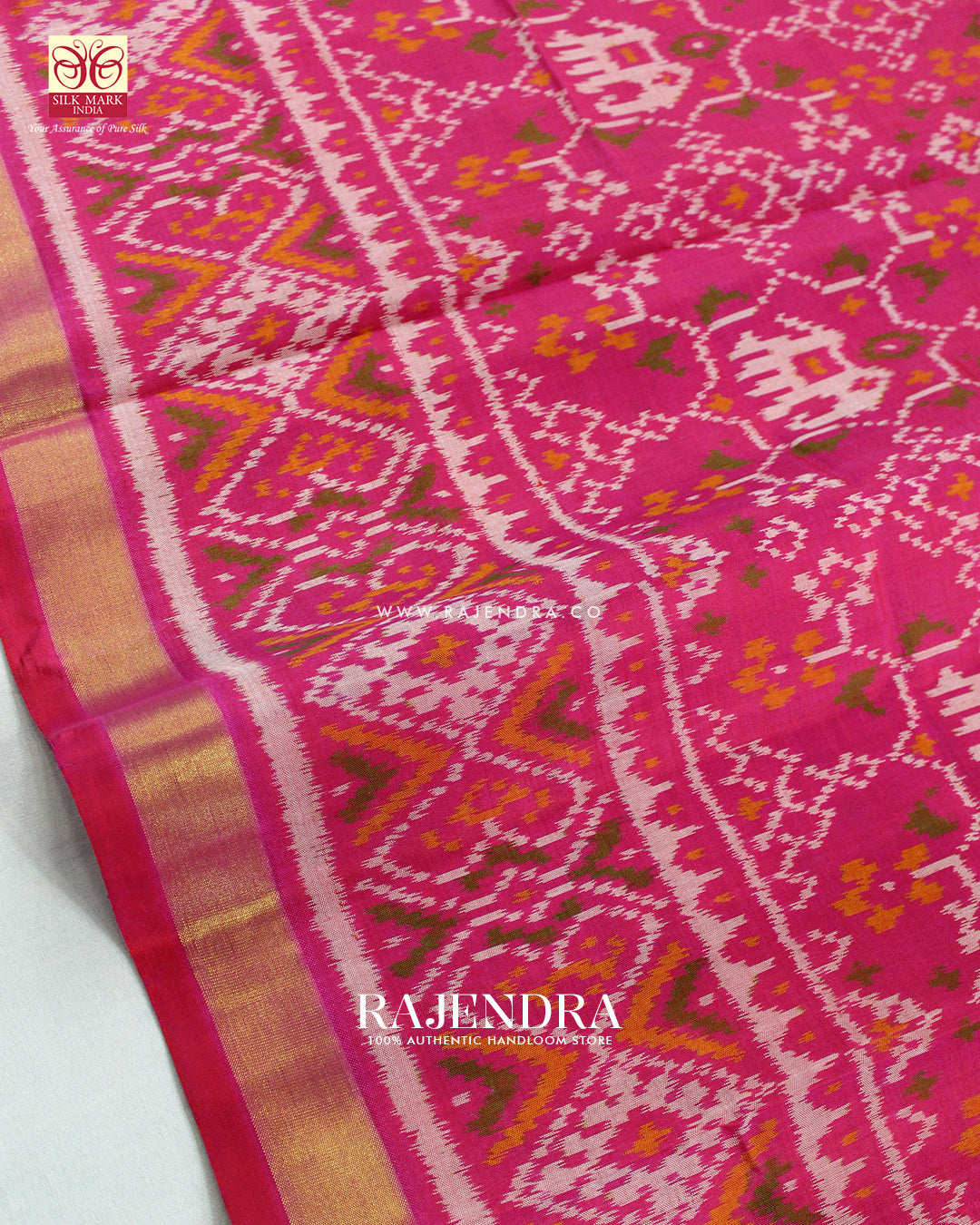 Traditional Elephant Motif Peach Pink Single Ikat Rajkot Patola Saree