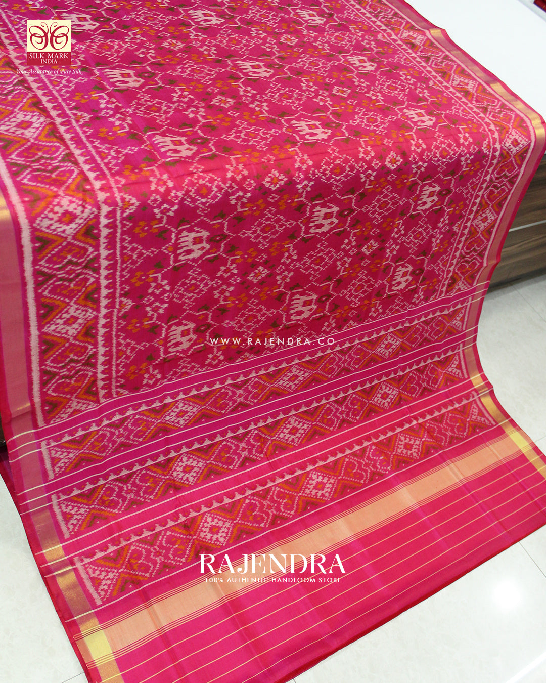 Traditional Elephant Motif Peach Pink Single Ikat Rajkot Patola Saree