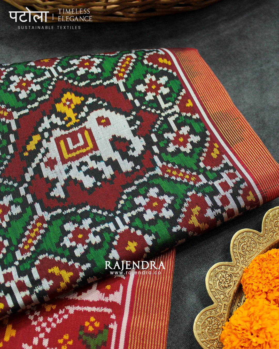 Exclusive Chabadi Hathi Red and Green Semi Double Ikat Rajkot Patola Saree