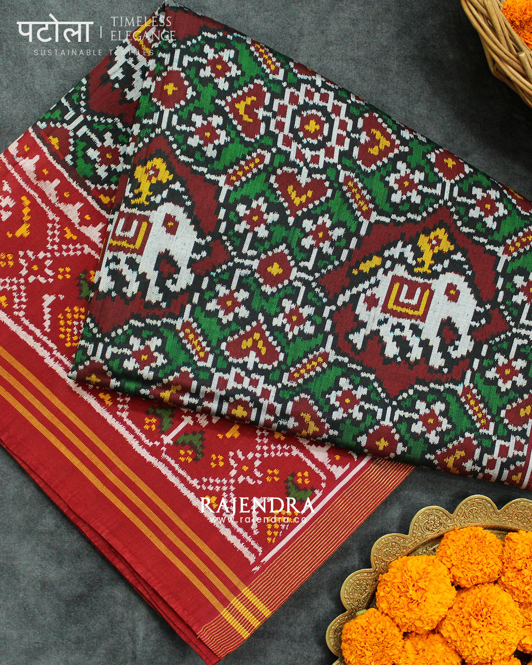 Exclusive Chabadi Hathi Red and Green Semi Double Ikat Rajkot Patola Saree