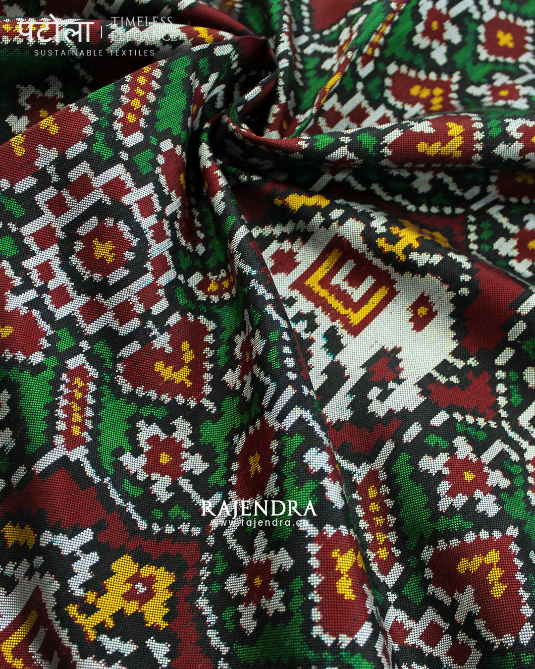 Exclusive Chabadi Hathi Red and Green Semi Double Ikat Rajkot Patola Saree