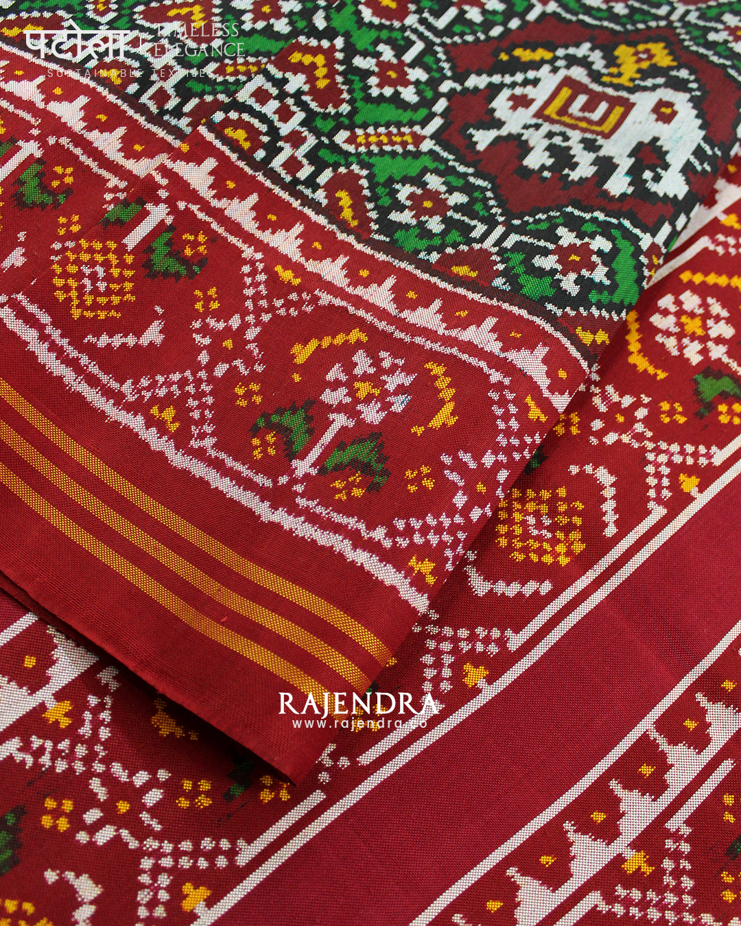Exclusive Chabadi Hathi Red and Green Semi Double Ikat Rajkot Patola Saree