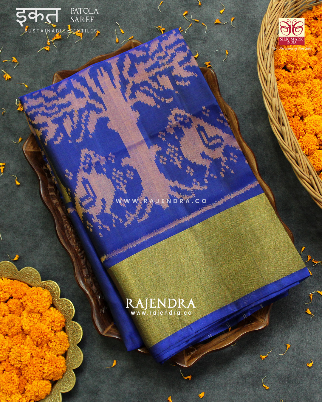 Exclusive Parrot Motif Blue Single Ikat Rajkot Patola Saree