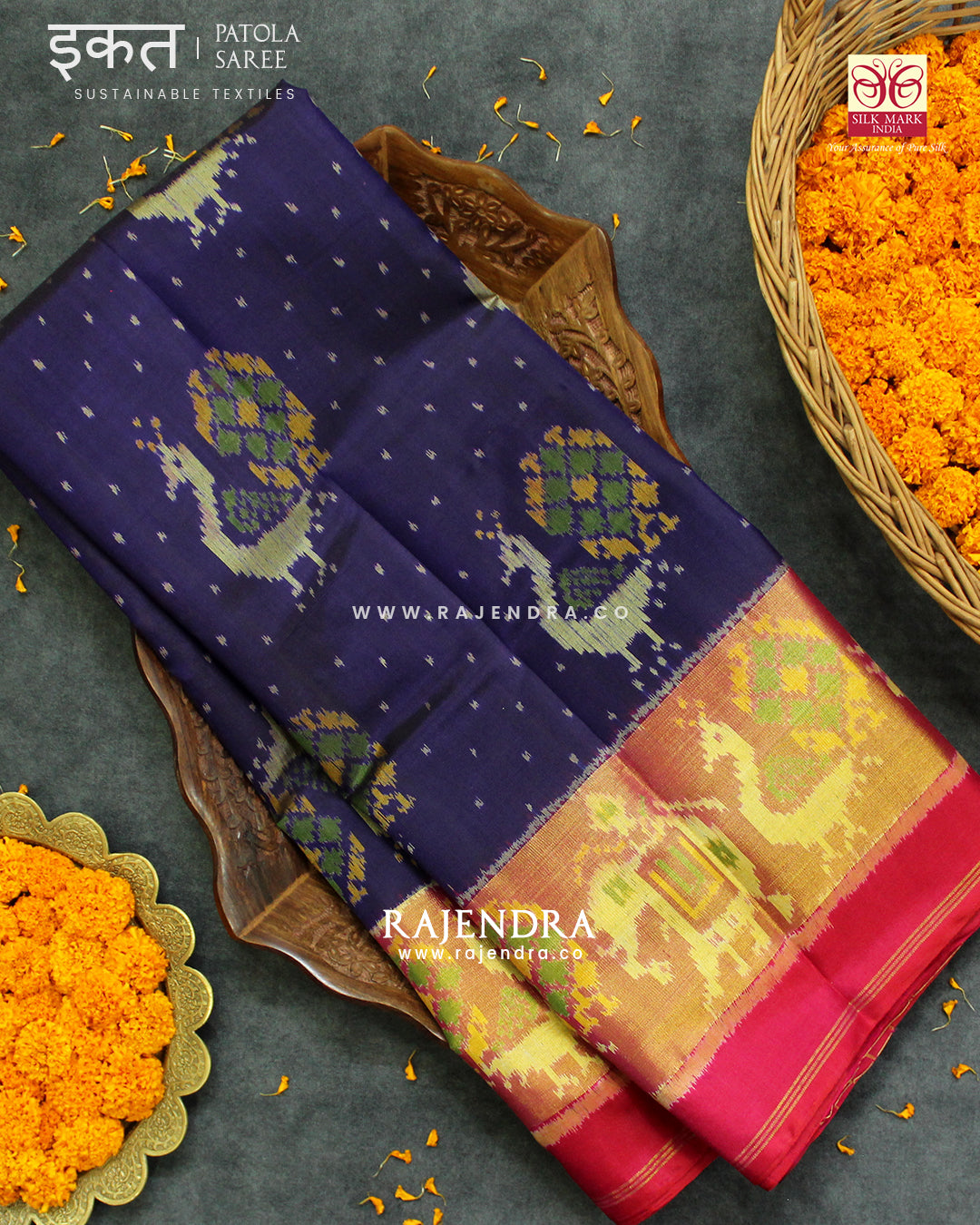 Exclusive Peacock Motif Pink and Blue Single Ikat Rajkot Patola Saree