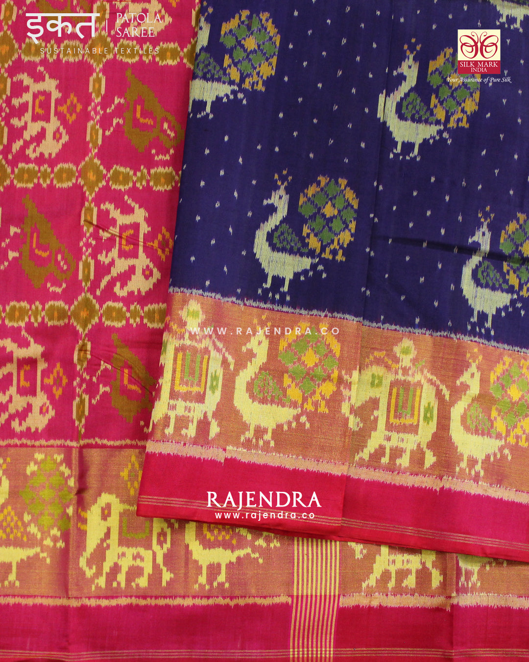 Exclusive Peacock Motif Pink and Blue Single Ikat Rajkot Patola Saree