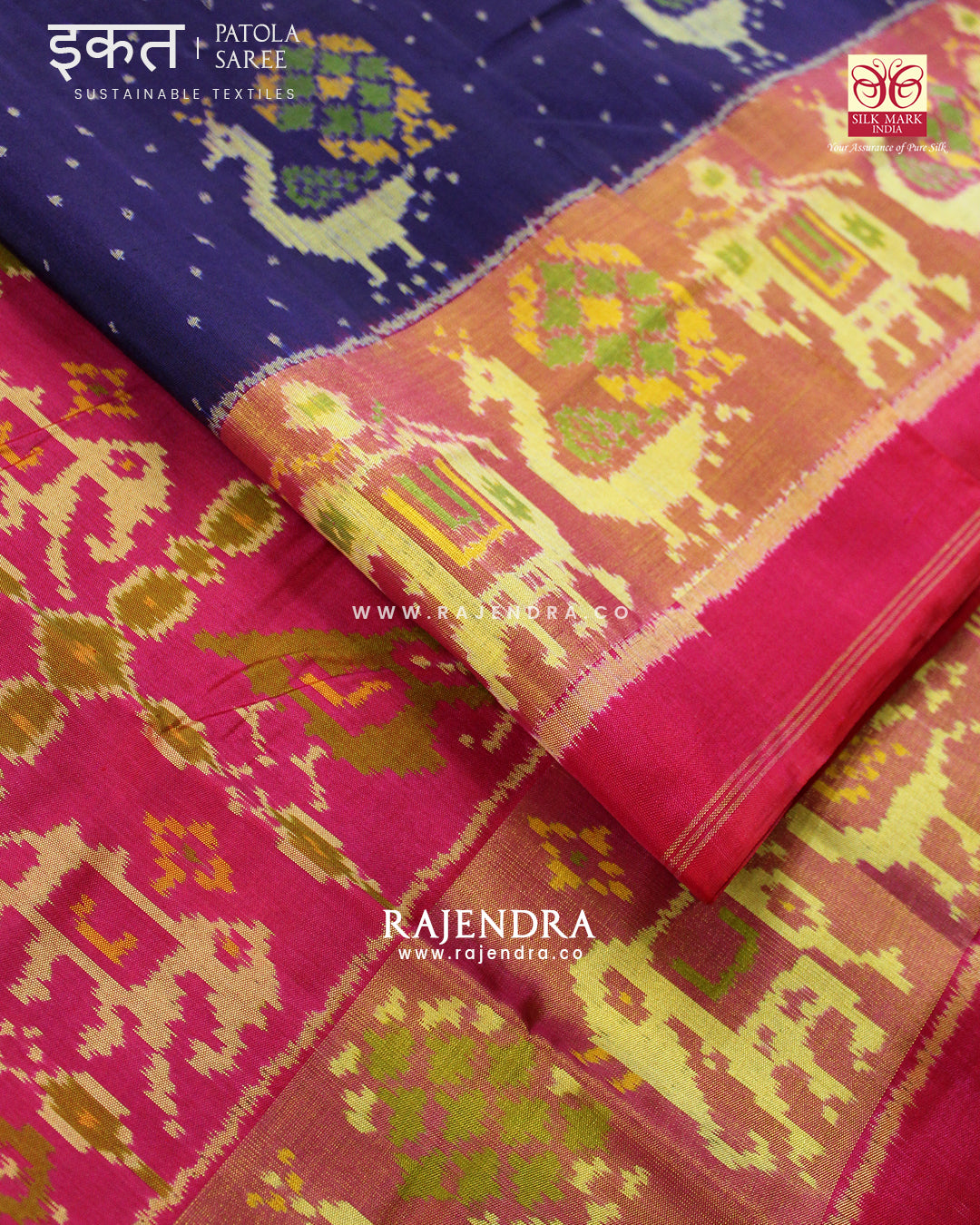 Exclusive Peacock Motif Pink and Blue Single Ikat Rajkot Patola Saree