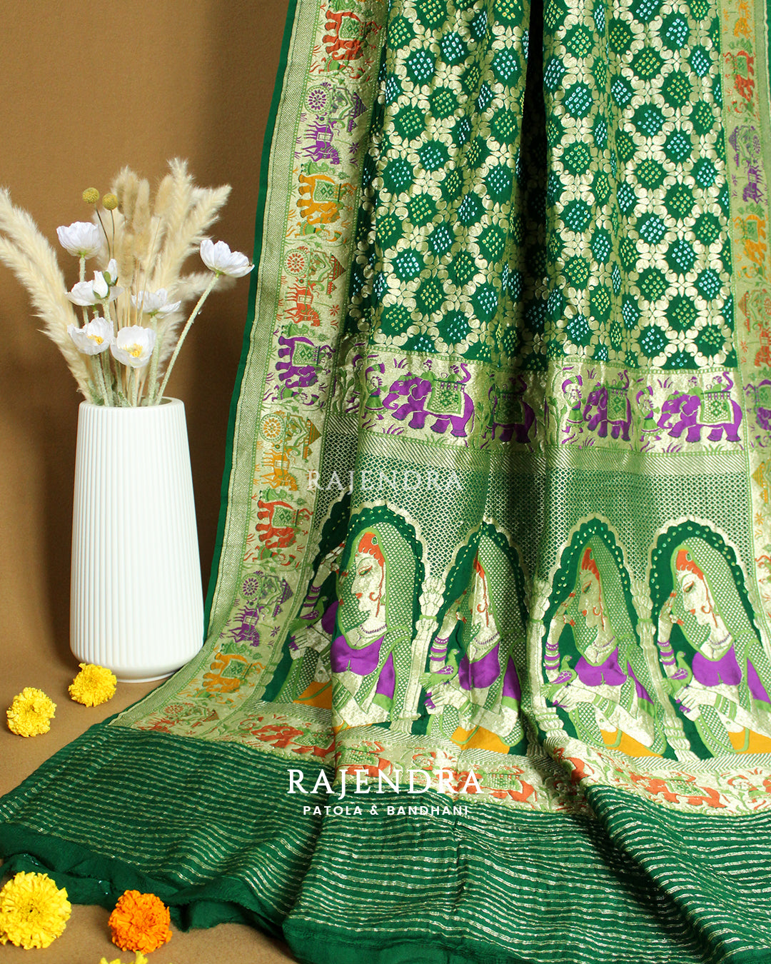 Exclusive Pure Khaddi Georgette Green Patola Bhat Banarasi Bandhani Saree