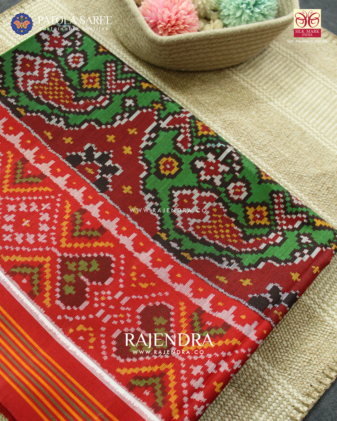 Exclusive Fish Motif Red and Green Ikat Rajkot Patola Saree