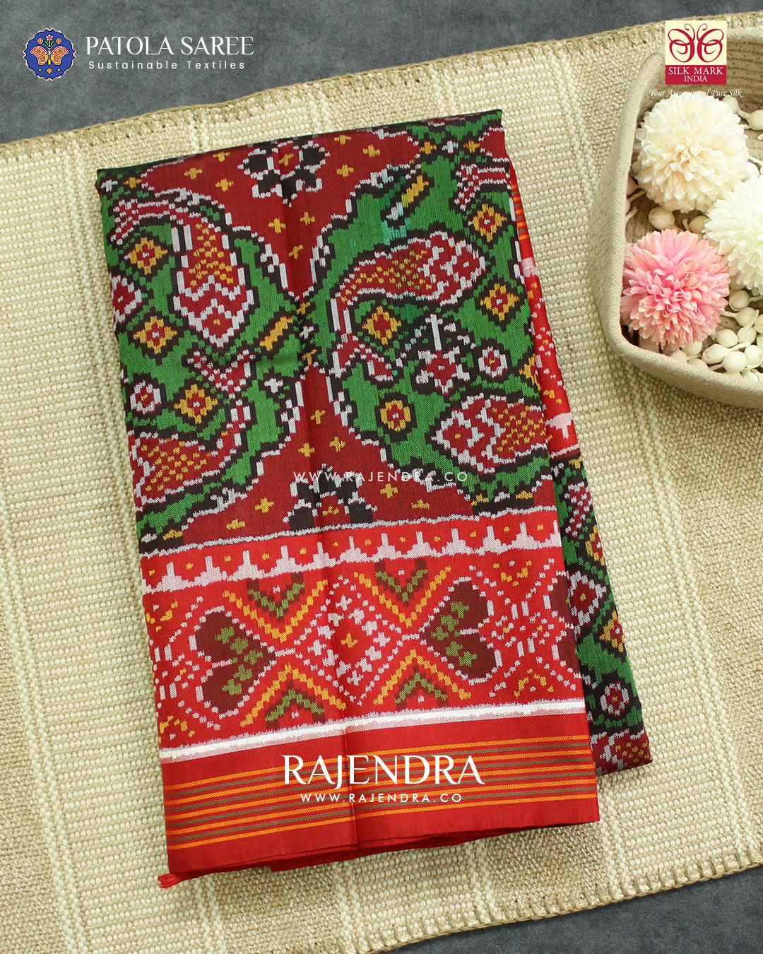 Exclusive Fish Motif Red and Green Ikat Rajkot Patola Saree